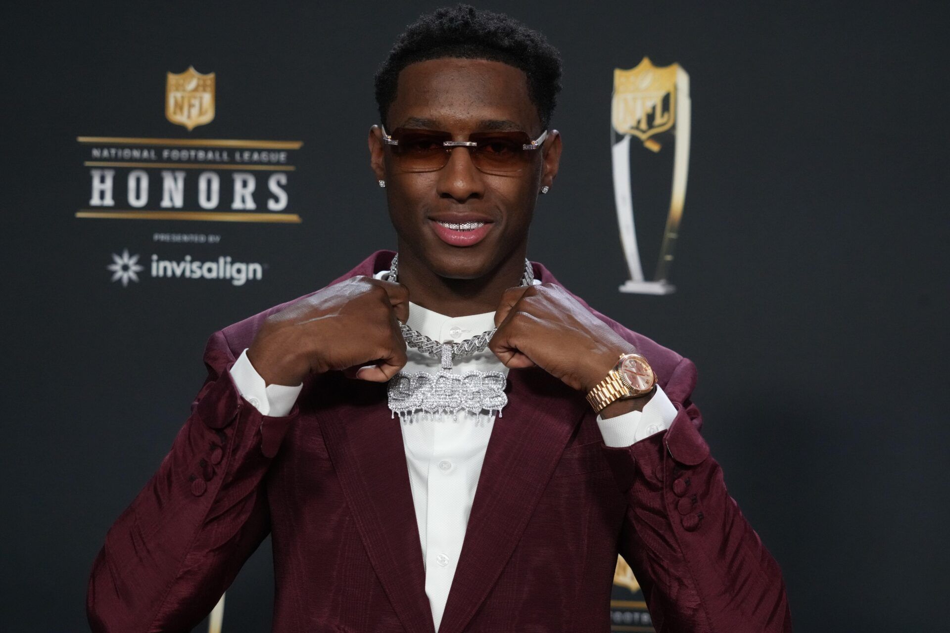 Sauce Gardner poses for a photo on the red carpet before the NFL Honors award show at Symphony Hall.