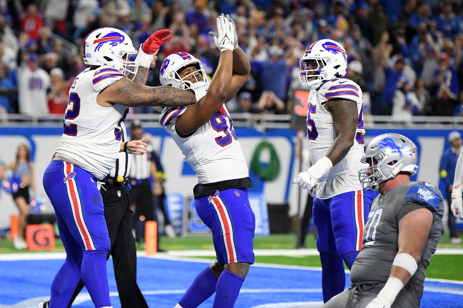 Ed Oliver (91) celebrates after tackling Detroit Lions quarterback Jared Goff (16) (not pictured) in the end zone for a safety in the third quarter at Ford Field.