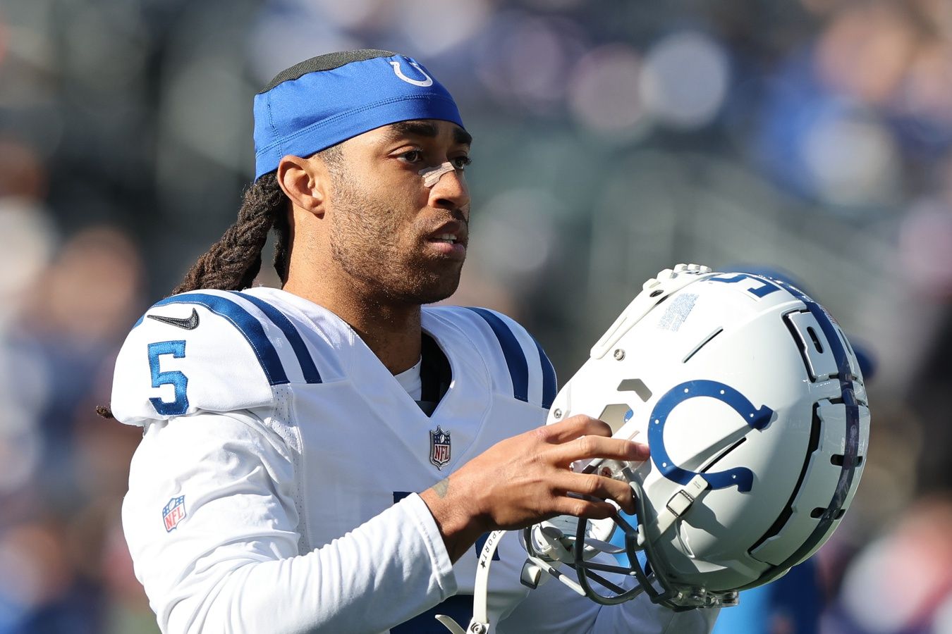 Stephon Gilmore (5) before the game against the New York Giants at MetLife Stadium.