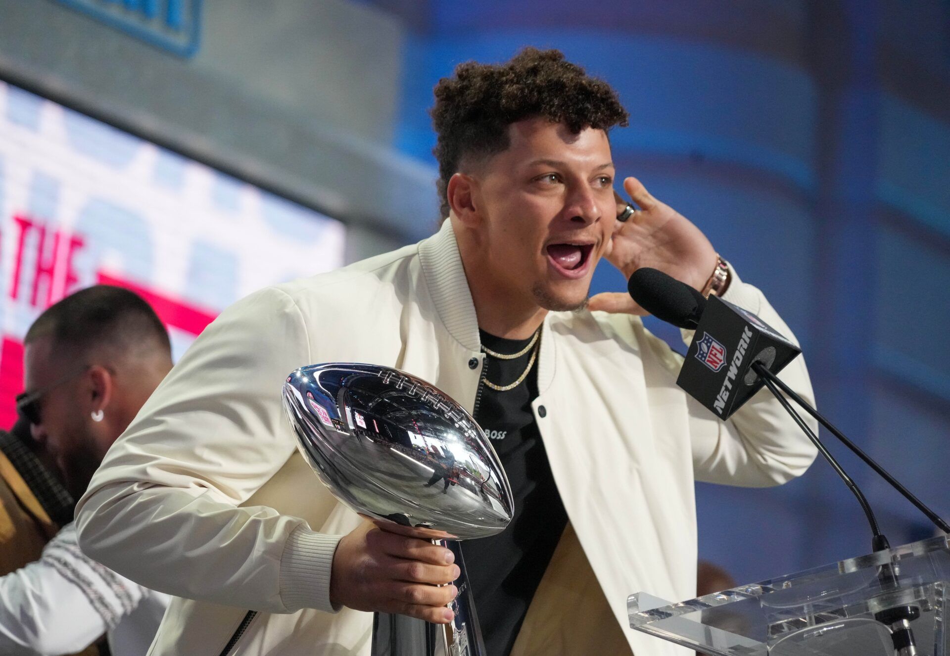 Patrick Mahomes greets fans during the first round of the 2023 NFL Draft at Union Station.