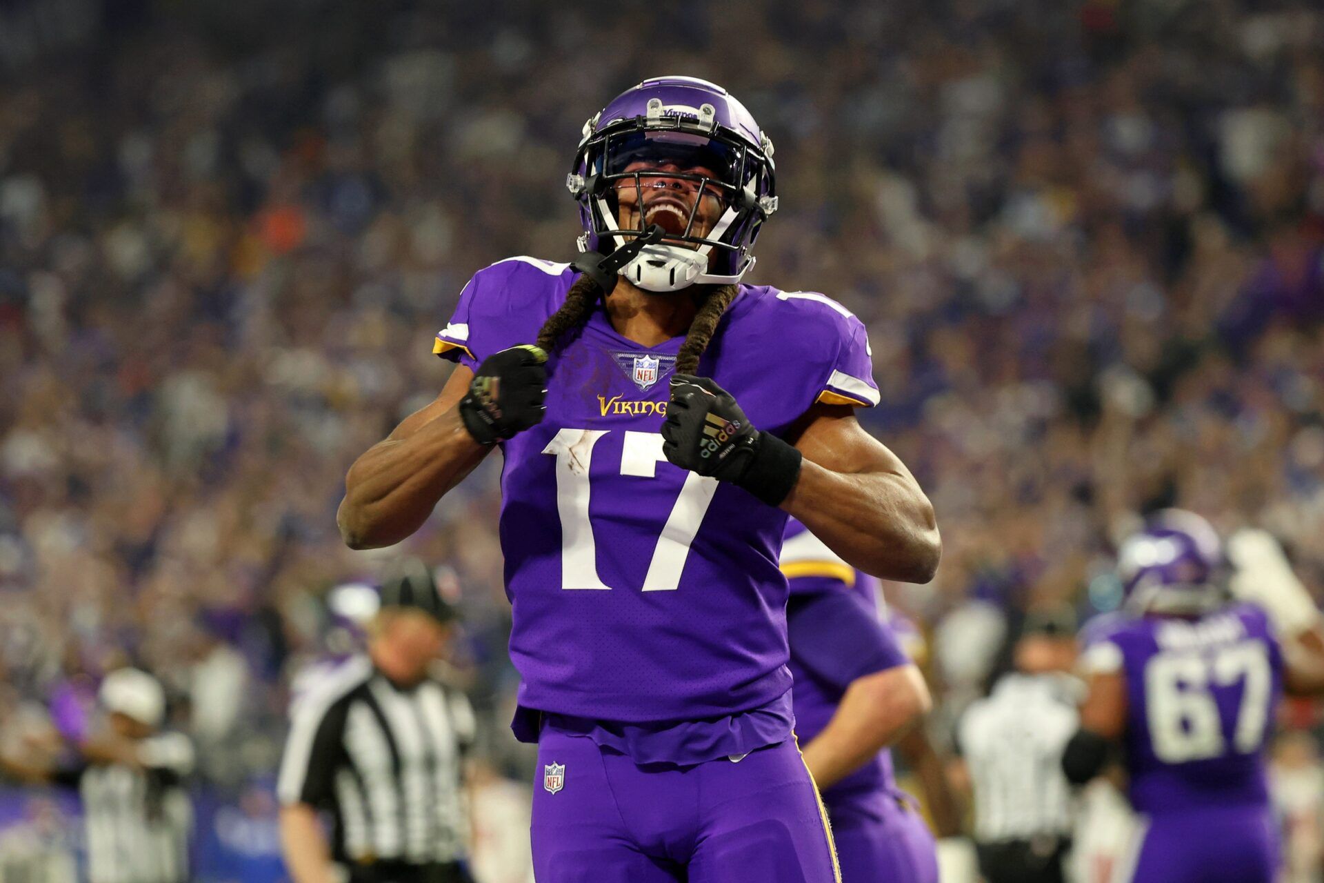 Minnesota Vikings wide receiver K.J. Osborn (17) reacts after scoring a touchdown against the New York Giants.