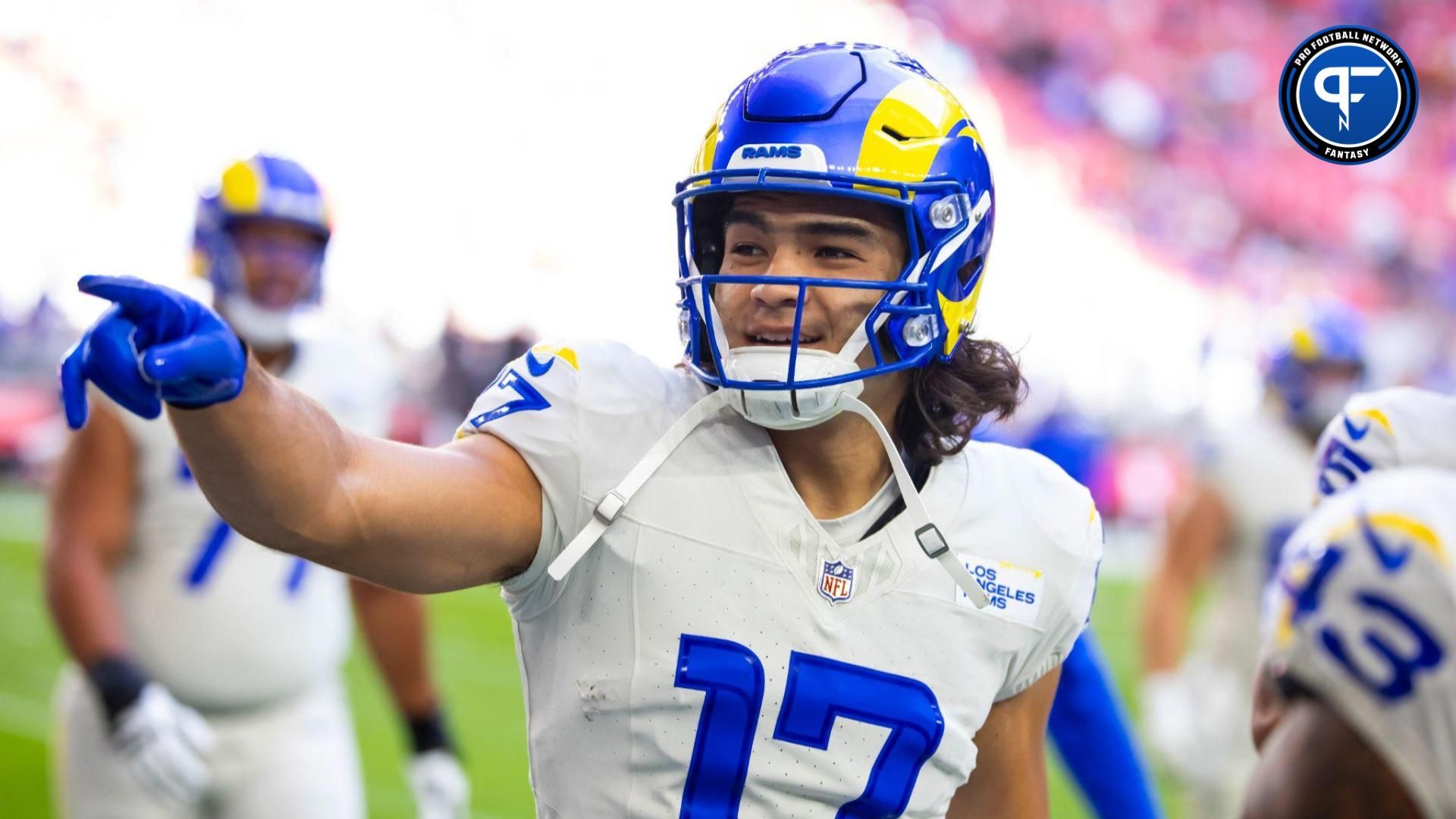 Los Angeles Rams wide receiver Puka Nacua (17) reacts against the Arizona Cardinals at State Farm Stadium.