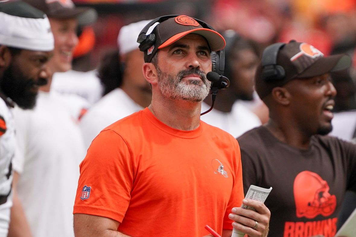 Cleveland Browns head coach Kevin Stefanski looks on during the second half against the Kansas City Chiefs at GEHA Field at Arrowhead Stadium.