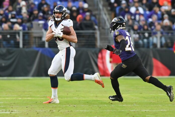 Denver Broncos TE Greg Dulcich (80) makes a catch against the Baltimore Ravens.