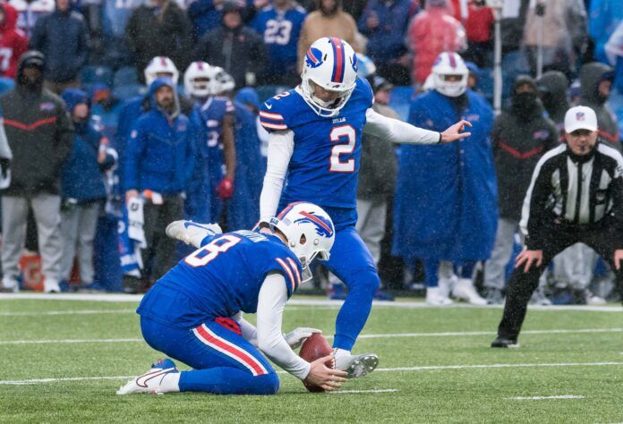 Buffalo Bills kicker Tyler Bass (2) kicks a field goal against the New York Jets.