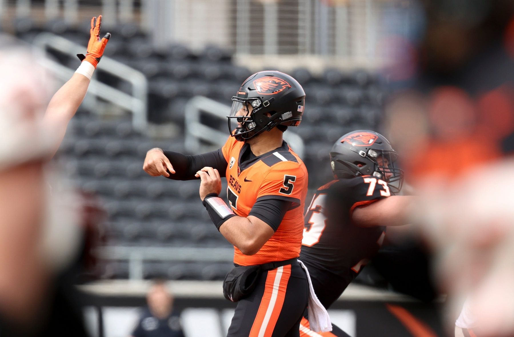 Oregon State quarterback DJ Uiagalelei (5) passes the ball during the spring showcase at Reser Stadium, Saturday, April 22, 2023, in Corvallis, Ore.