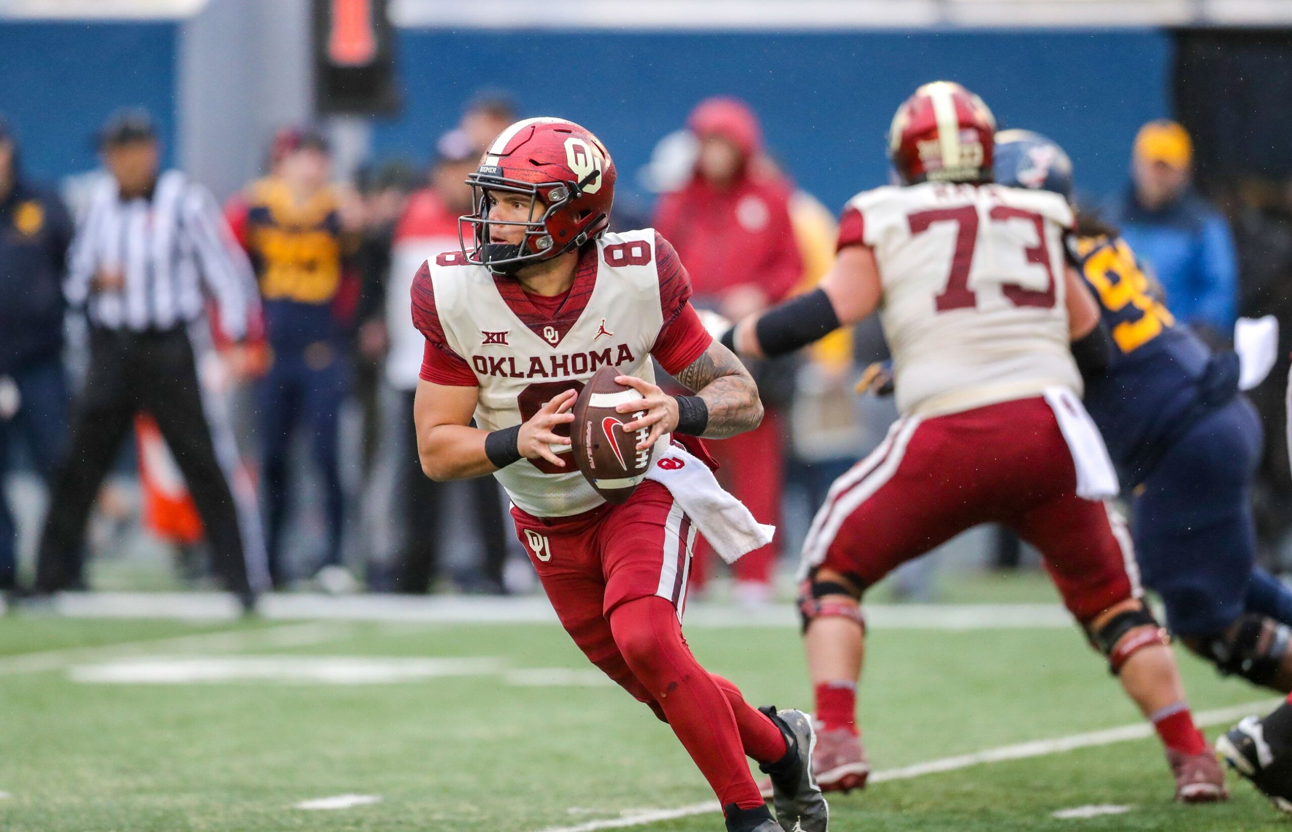 Oklahoma Sooners quarterback Dillon Gabriel (8) during the second quarter against the West Virginia Mountaineers at Mountaineer Field at Milan Puskar Stadium