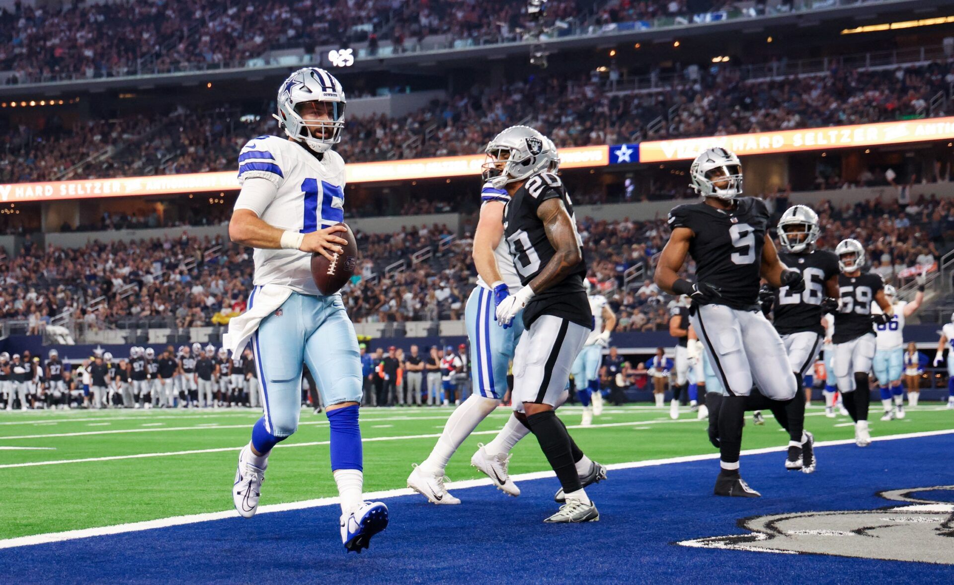 Quarterback Will Grier rushes into the end zone against the Las Vegas Raiders.