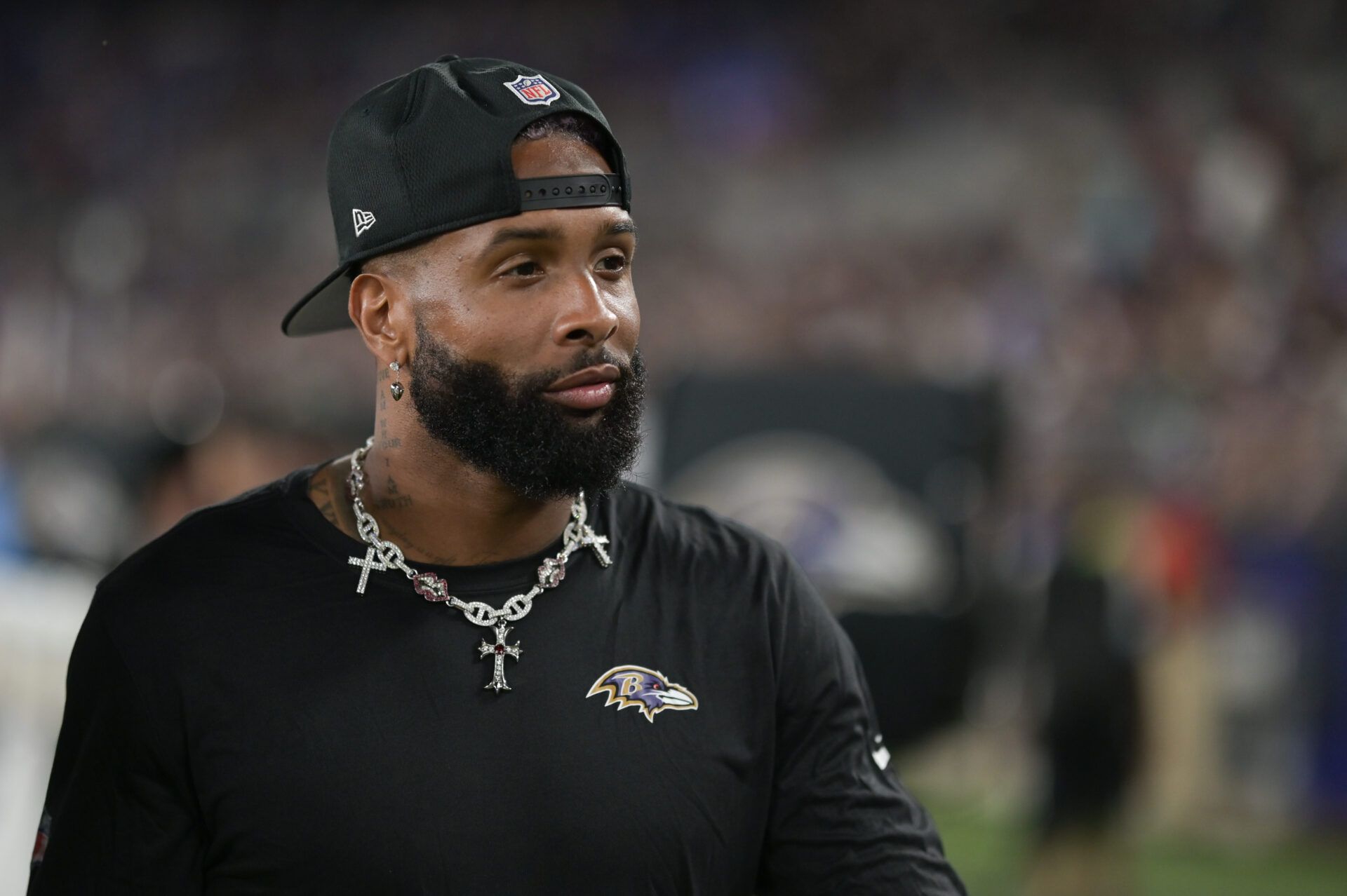 Baltimore Ravens wide receiver Odell Beckham Jr. (3) walks in the bench area during the second half against the Philadelphia Eagles at M&T Bank Stadium.