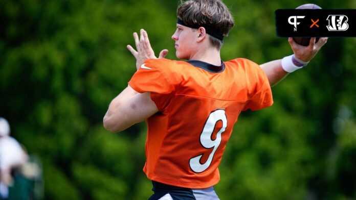 Cincinnati Bengals QB Joe Burrow (9) throws passes during practice.