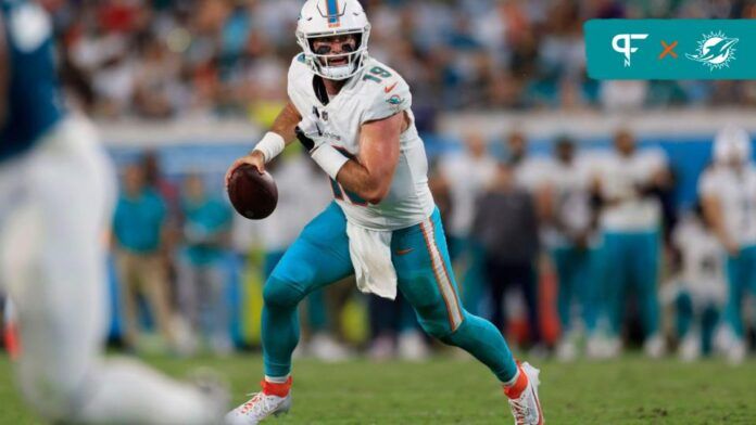 Miami Dolphins QB Skylar Thompson (19) looks to pass against the Jacksonville Jaguars in a preseason game.