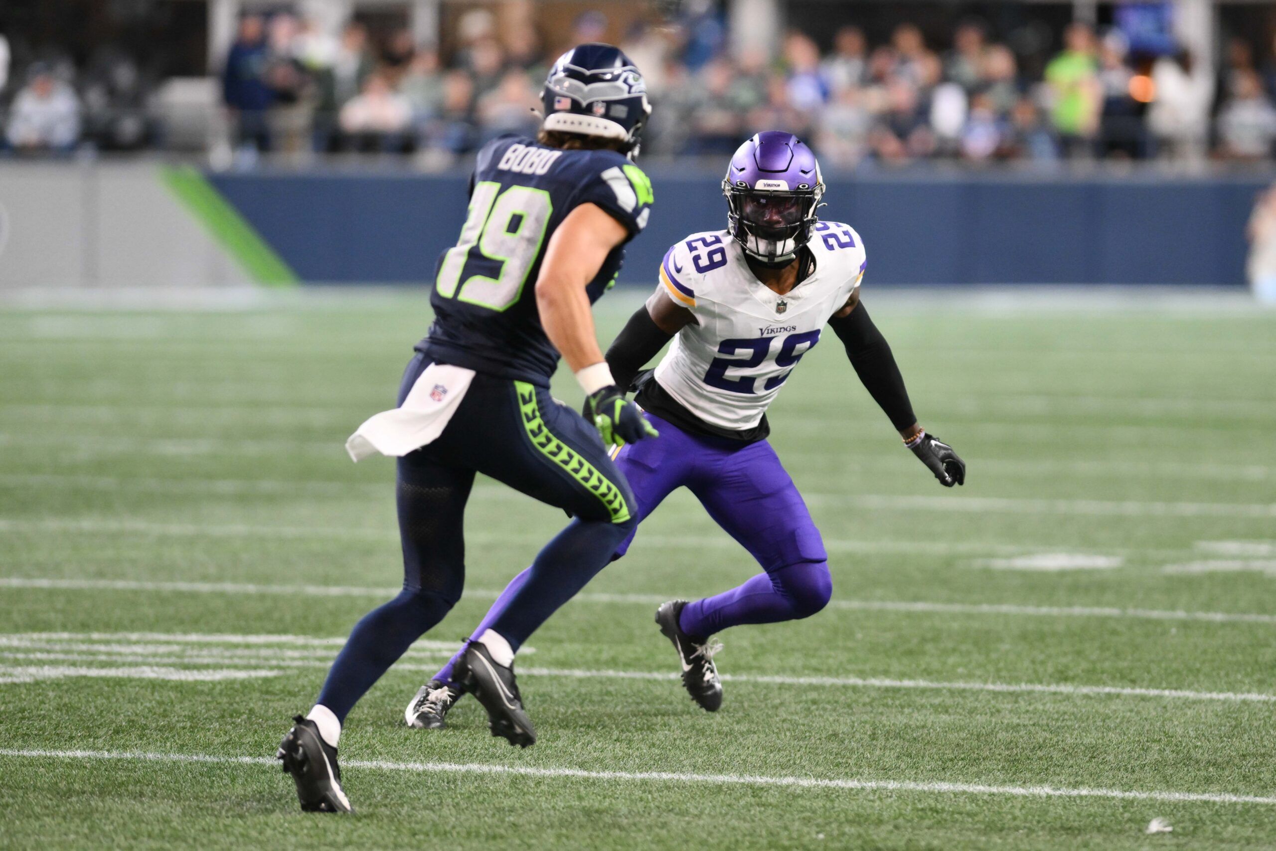 Joejuan Williams (29) covers Seattle Seahawks wide receiver Jake Bobo (19) at Lumen Field.