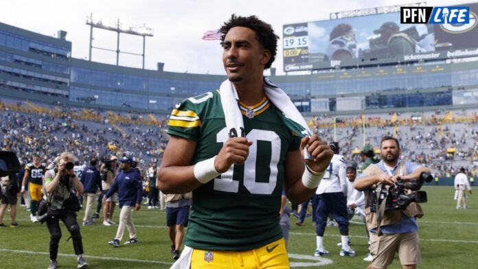 Green Bay Packers quarterback Jordan Love (10) walks off the field following the game against the Seattle Seahawks at Lambeau Field.