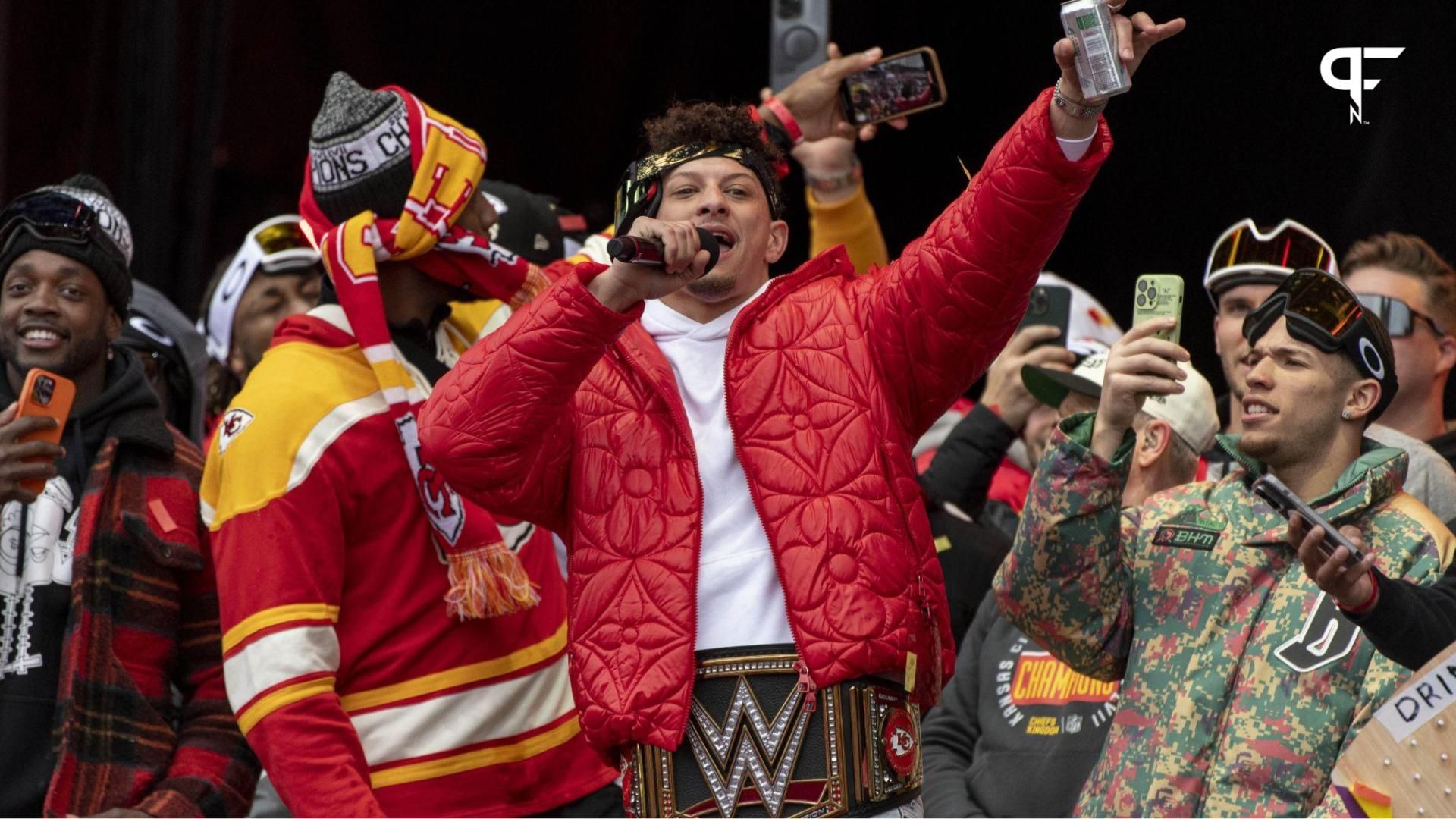 Kansas City Chiefs QB Patrick Mahomes addresses the crowd at the team's Super Bowl victory parade.