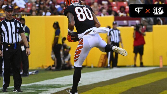 Cincinnati Bengals wide receiver Andrei Iosivas (80) scores a touchdown against the Washington Commanders during the first half at FedExField.