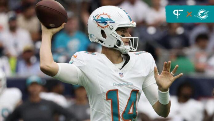 Miami Dolphins quarterback Mike White (14) drops back to pass against the Houston Texans in the third quarter at NRG Stadium.