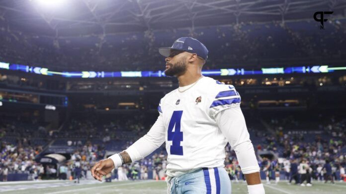 Dallas Cowboys quarterback Dak Prescott (4) walks to the locker room following a 22-14 Seattle victory at Lumen Field.