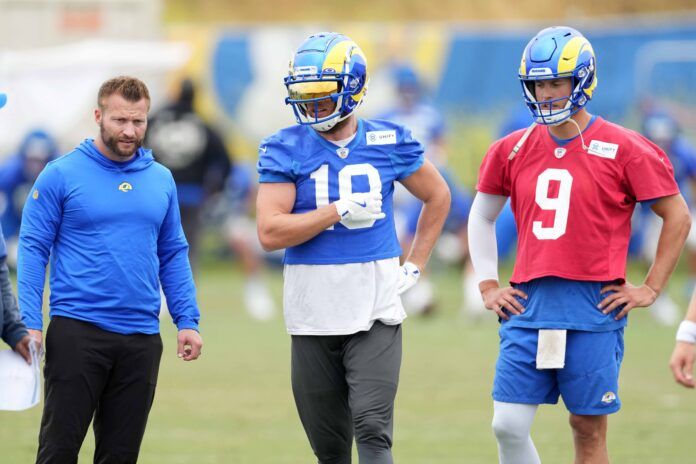 Los Angeles Rams coach Sean McVay (left), receiver Cooper Kupp (10) and quarterback Matthew Stafford (9) during minicamp at Cal Lutheran University.