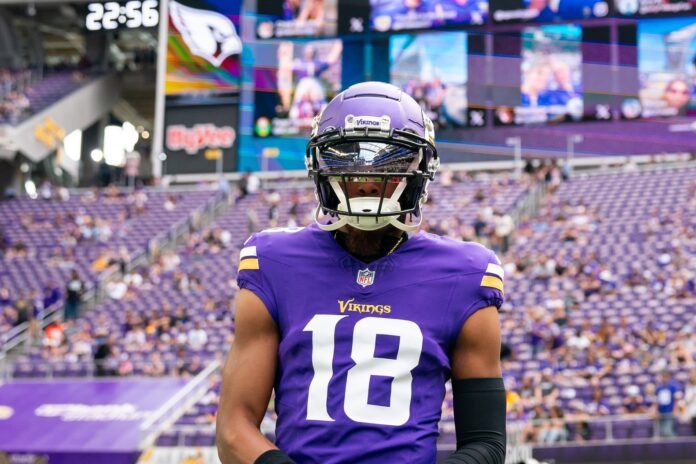 Minnesota Vikings wide receiver Justin Jefferson (18) leaves the field before a game against the Arizona Cardinals at U.S. Bank Stadium.