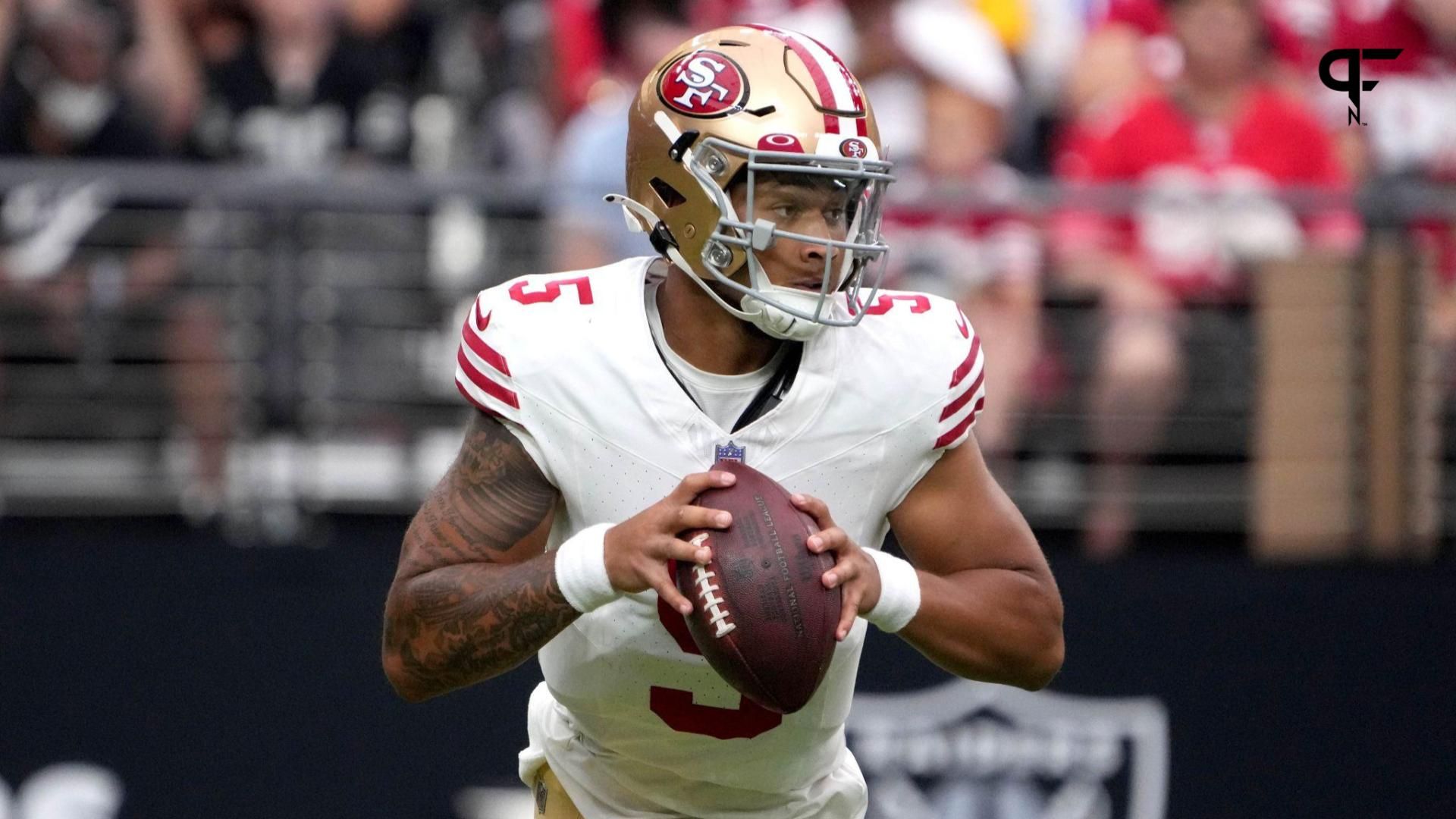 San Francisco 49ers quarterback Trey Lance (5) throws the ball against the Las Vegas Raiders at in the first half at Allegiant Stadium.