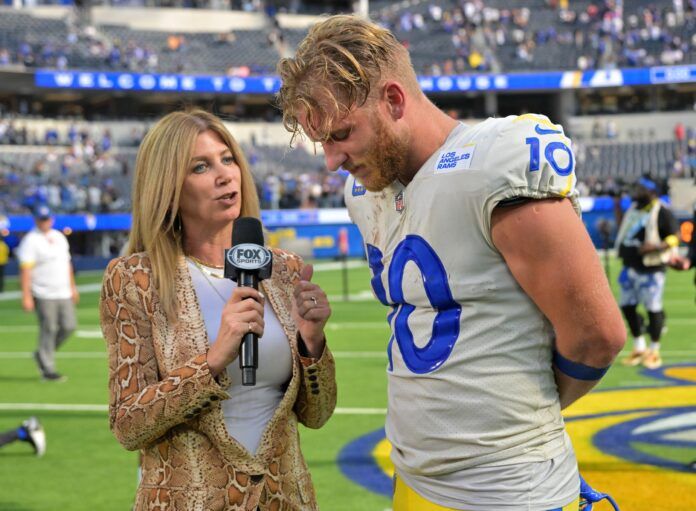 Los Angeles Rams wide receiver Cooper Kupp (10) is interviewed by Fox reporter Laura Okmin after the game against the Atlanta Falcons at SoFi Stadium.