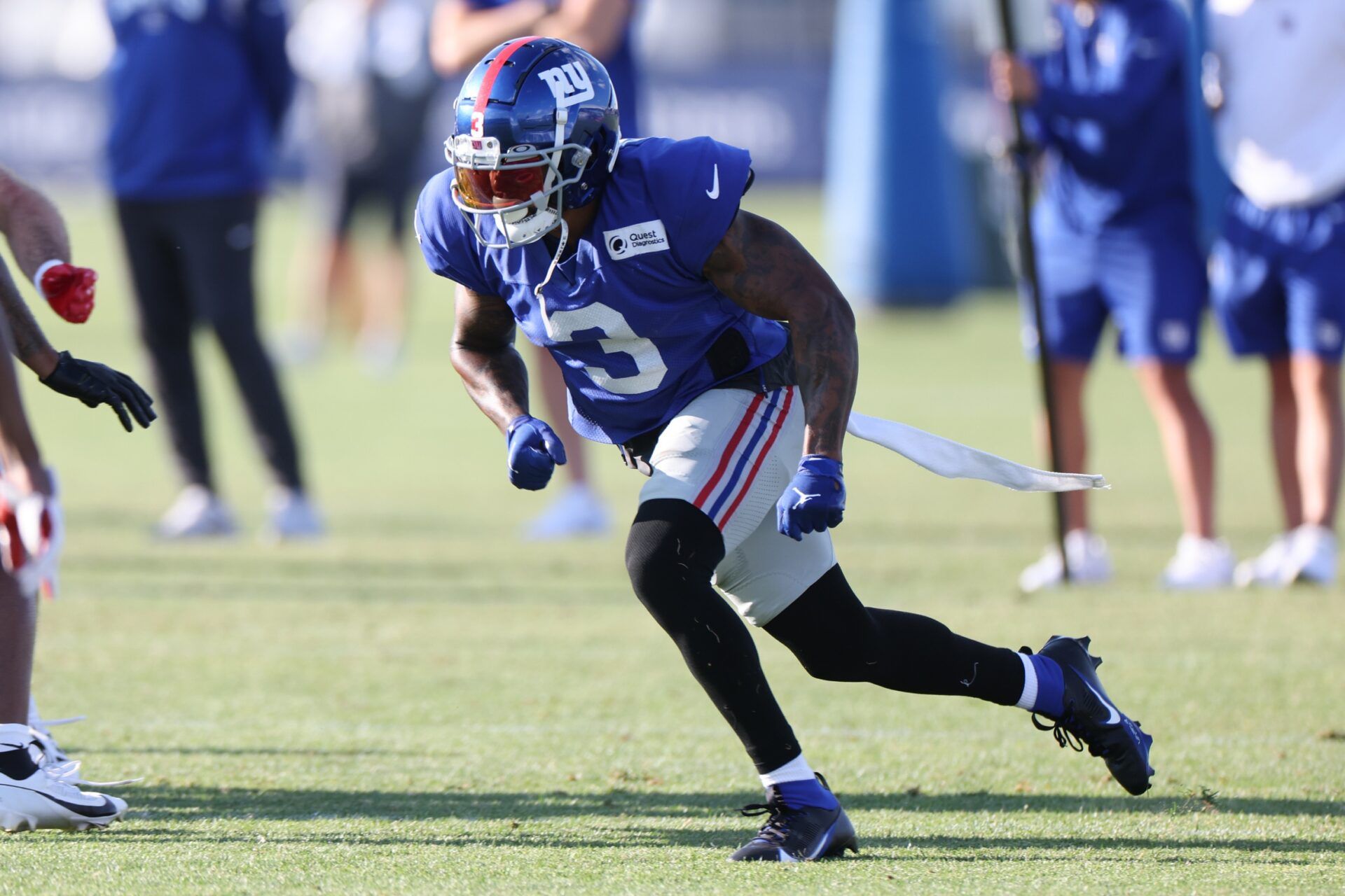 Sterling Shepard (3) runs a drill during training camp at the Quest Diagnostics Training Facility.