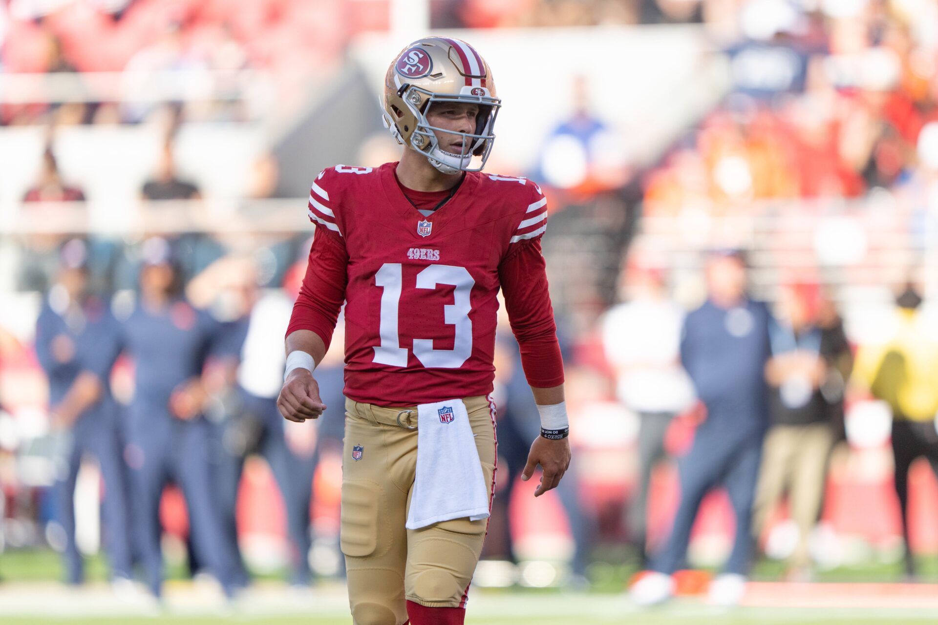 Brock Purdy (13) during the first quarter against the Denver Broncos at Levi's Stadium.