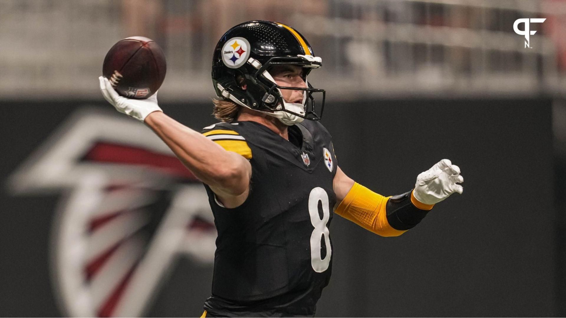 Pittsburgh Steelers quarterback Kenny Pickett (8) passes the ball against the Atlanta Falcons during the first quarter at Mercedes-Benz Stadium.