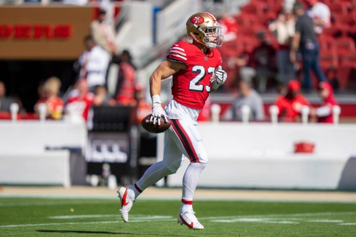 San Francisco 49ers RB Christian McCaffrey (23) warming up before a game against the Kansas City Chiefs.