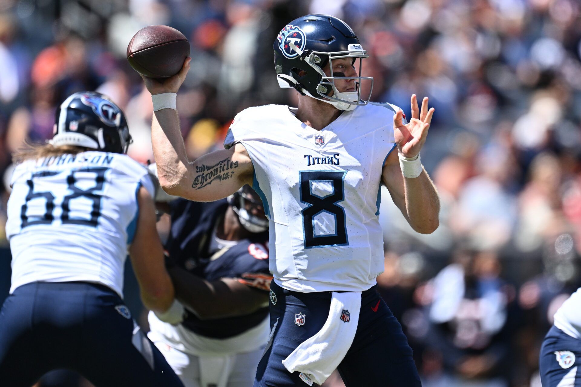 Will Levis (8) passes against the Chicago Bears in the first half at Soldier Field.