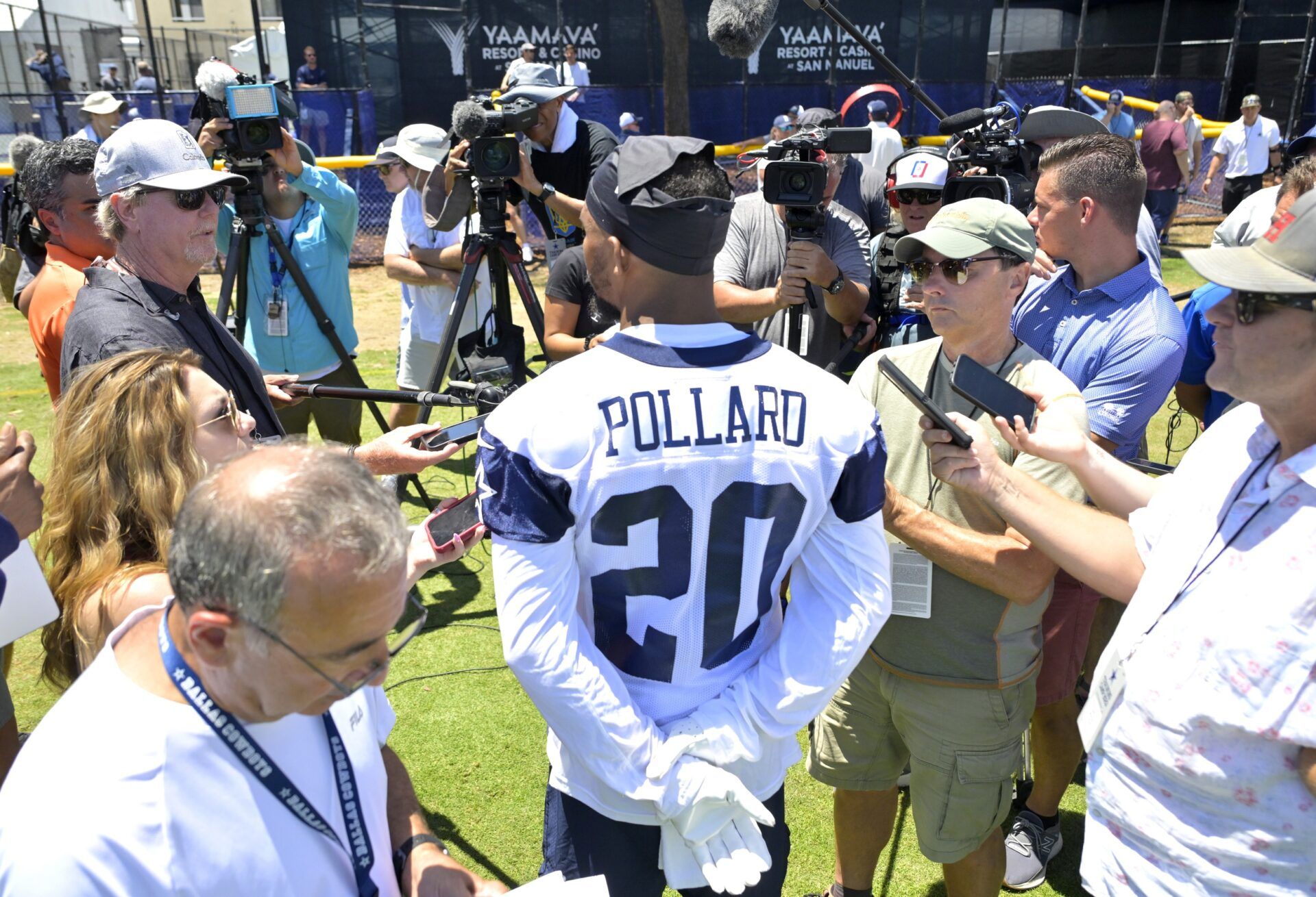 Dallas Cowboys running back Tony Pollard (20) answers questions during a news conference following practice at River Ridge Playing Fields in Oxnard, CA.