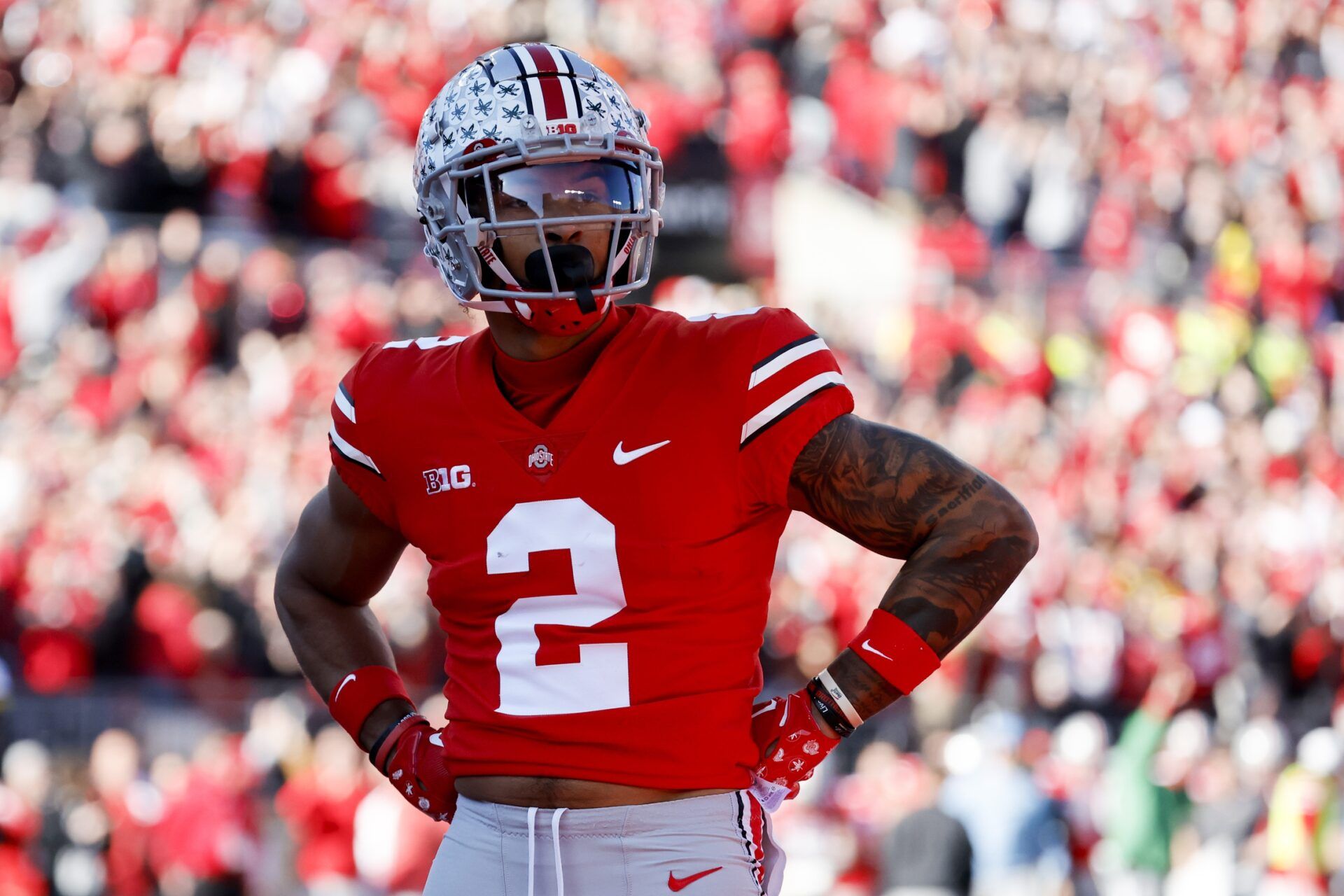 Emeka Egbuka (2) celebrates after he makes a reception for a touchdown in the first half against the Michigan Wolverines at Ohio Stadium.