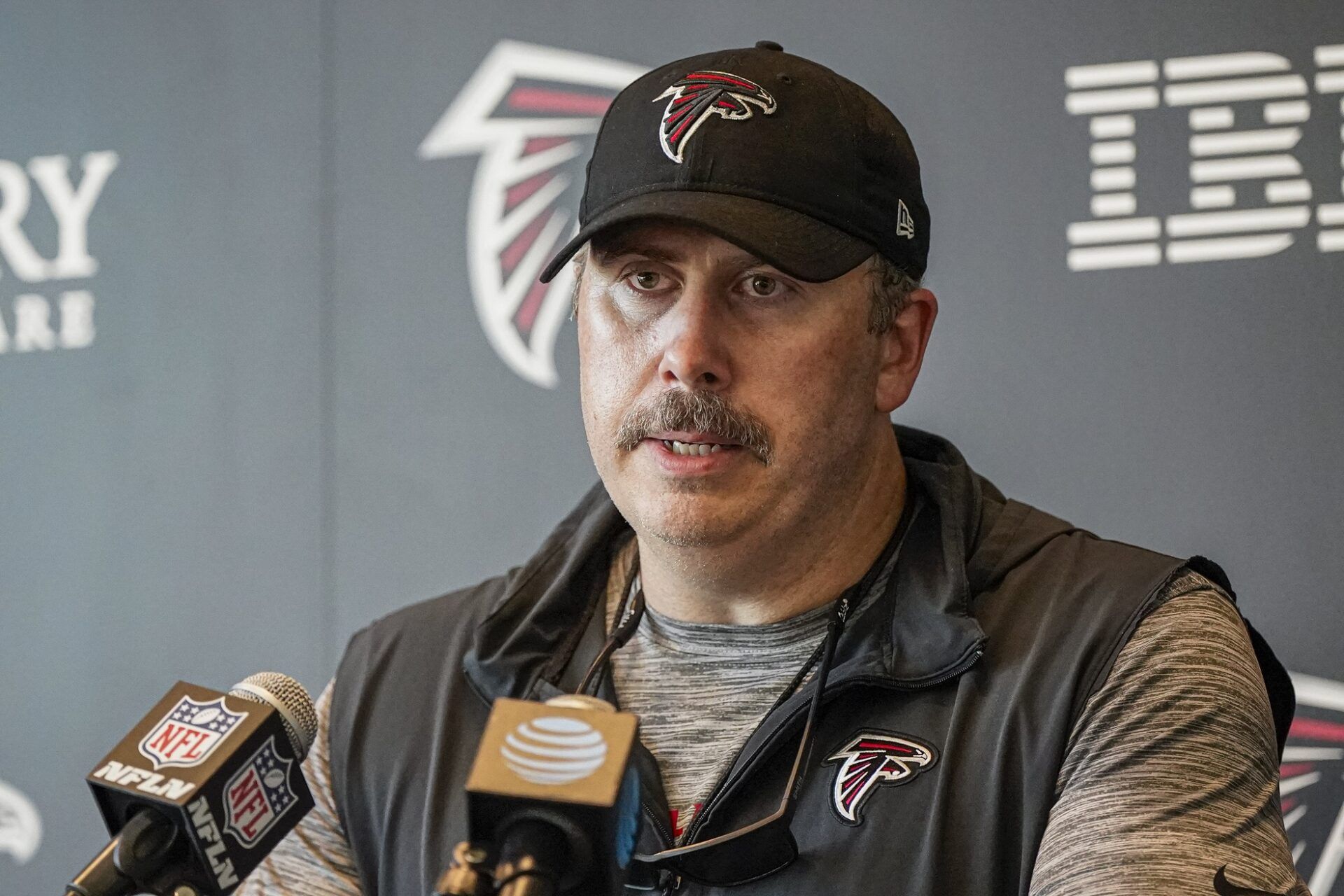 Atlanta Falcons head coach Arthur Smith talks to the media after practice.