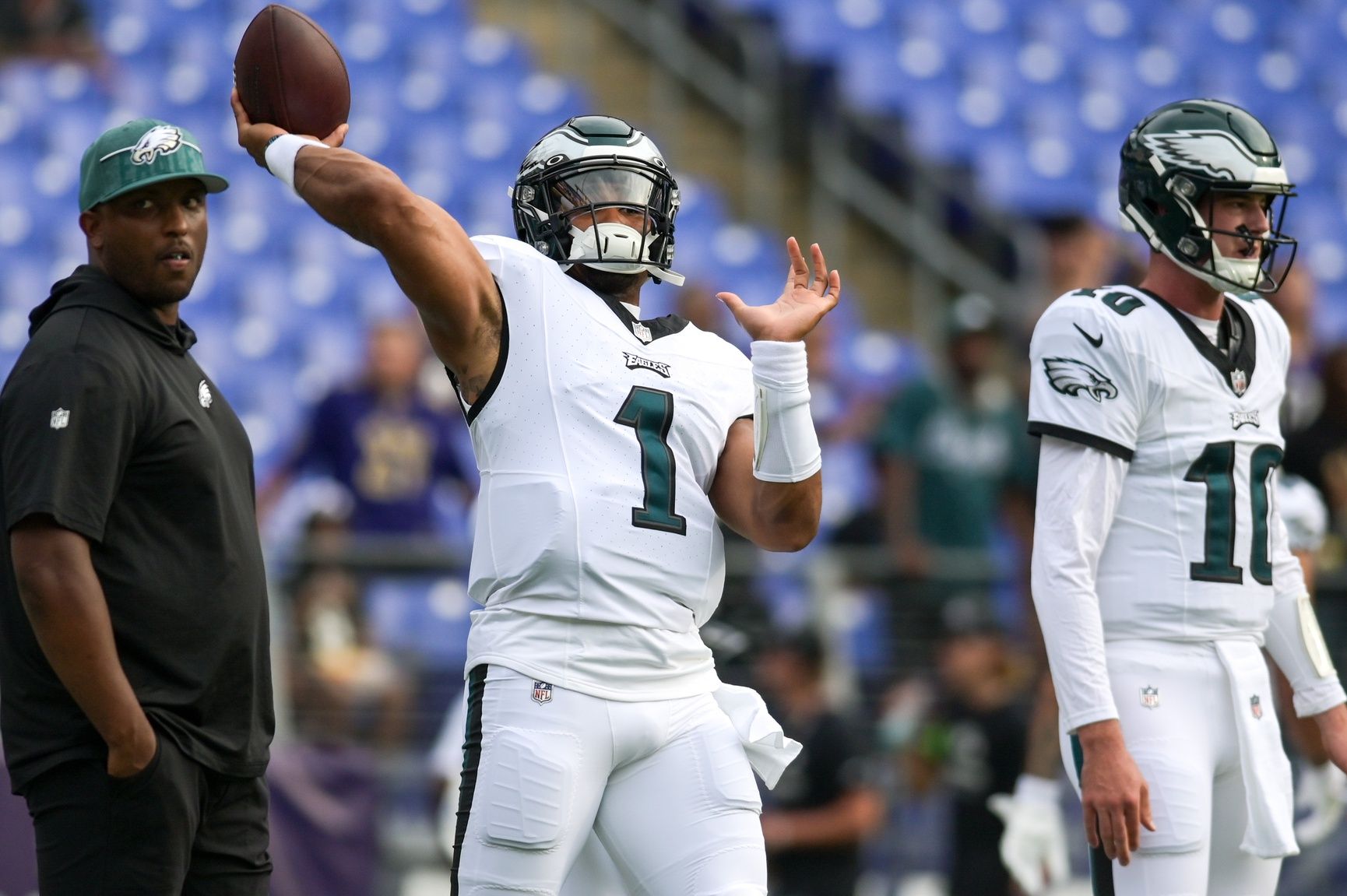 Jalen Hurts (1) warms up before the game against the Baltimore Ravens at M&T Bank Stadium.