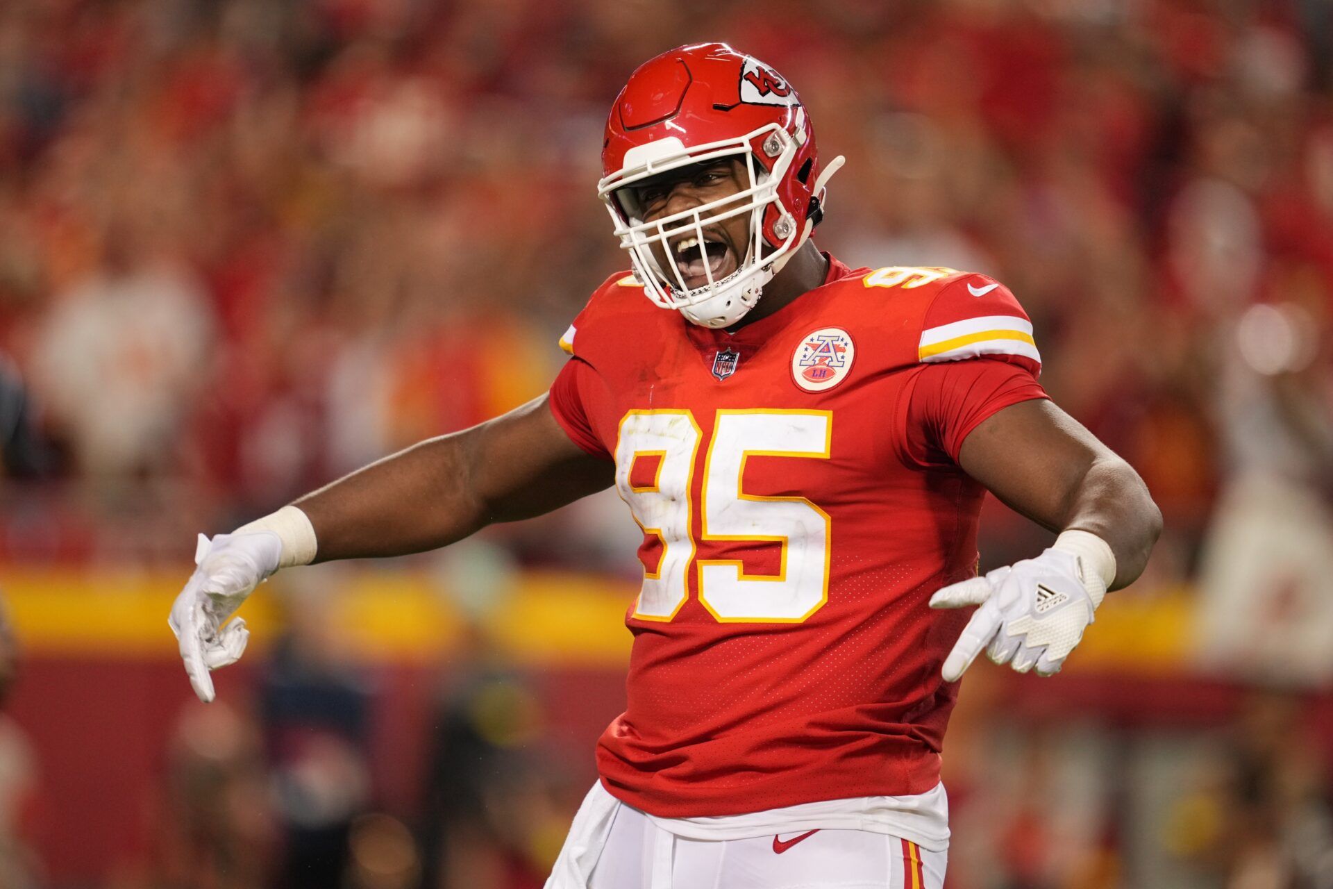 Chris Jones (95) reacts to a play in the second half against the the Las Vegas Raiders at GEHA Field at Arrowhead Stadium.