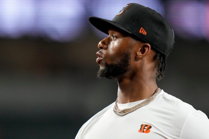 Joe Mixon (28) walks for the locker room after the fourth quarter of the NFL Preseason Week 1 game between the Cincinnati Bengals and the Green Bay Packers at Paycor Stadium.