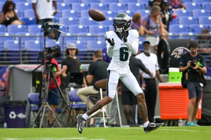 DeVonta Smith (6) caches a pass during the warm ups prior to the game against the Baltimore Ravens at M&T Bank Stadium.