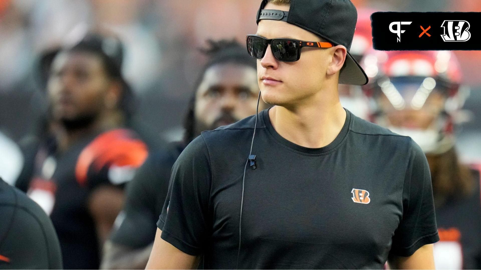 Cincinnati Bengals quarterback Joe Burrow (9) watches from the sideline during the team's first preseason game.
