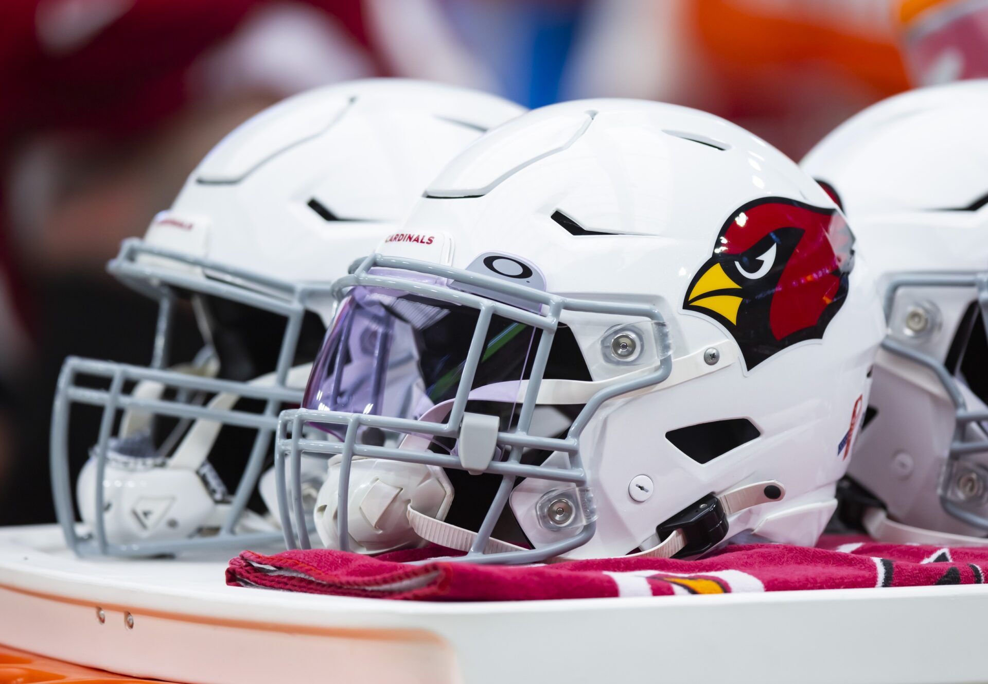 Helmets of the Arizona Cardinals on display.