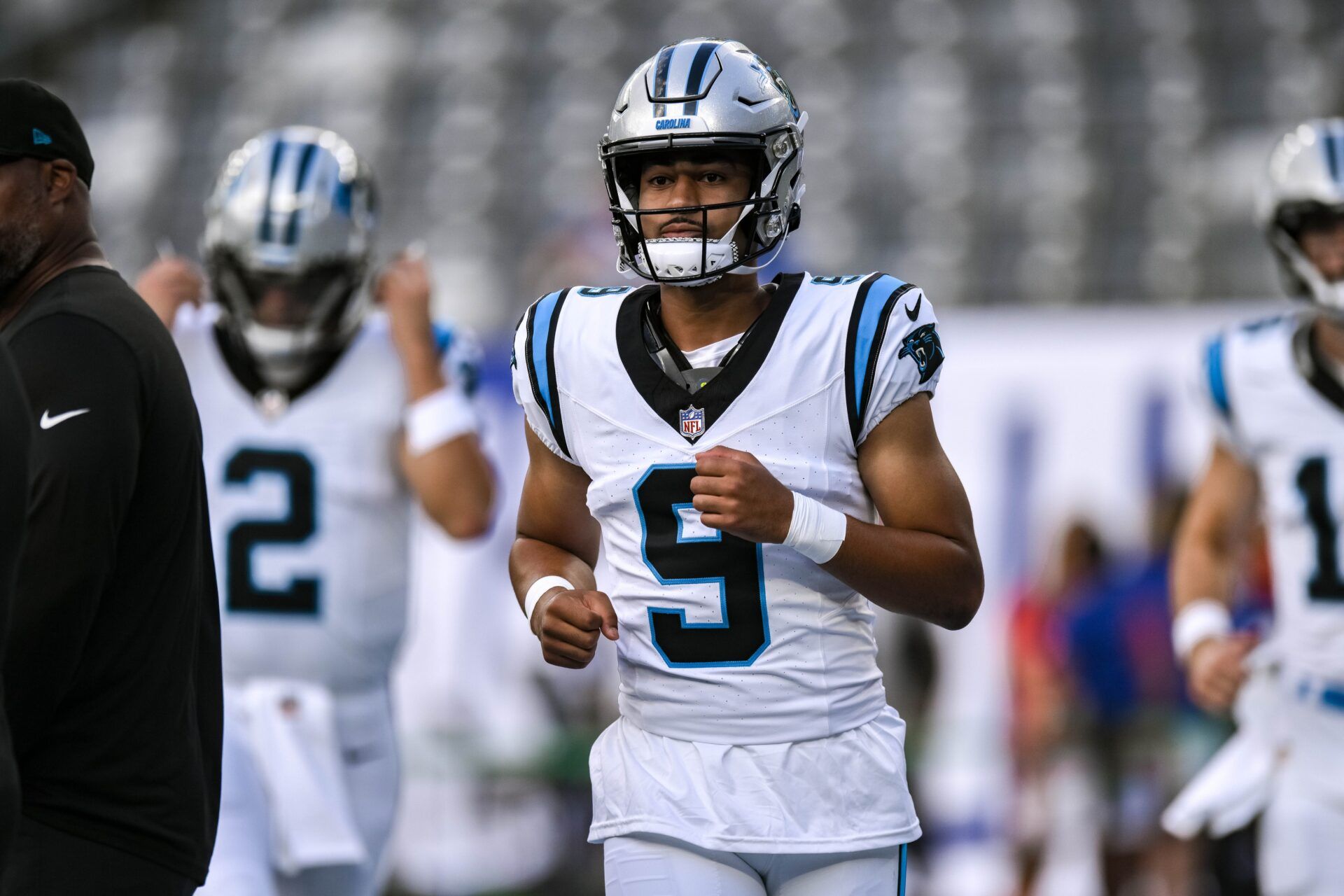 Bryce Young (9) warms up during pregame of National Football League game between the New York Giants and the Carolina Panthers at MetLife Stadium.