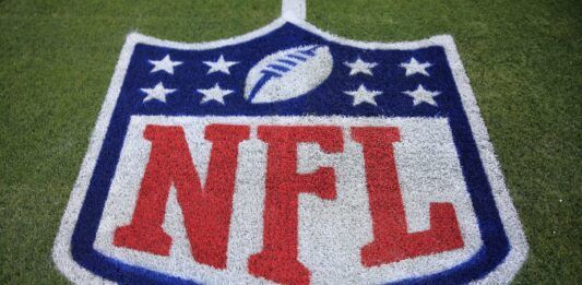 The NFL logo is shown before of an NFL football regular season matchup AFC South division title game between the Jacksonville Jaguars and the Tennessee Titans Saturday, Jan. 7, 2023 at TIAA Bank Field in Jacksonville. [Corey Perrine/Florida Times-Union]

Jki 230106 Titans Jags Cp 5