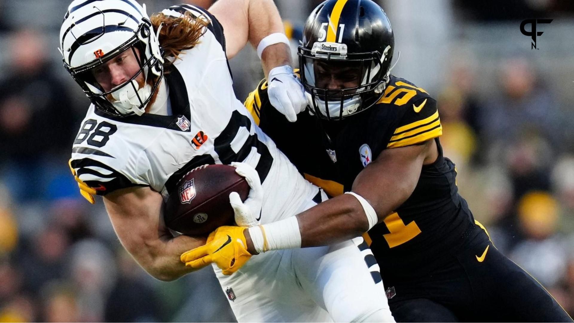 Pittsburgh Steelers LB Myles Jack tackles Cincinnati Bengals TE Hayden Hurst.