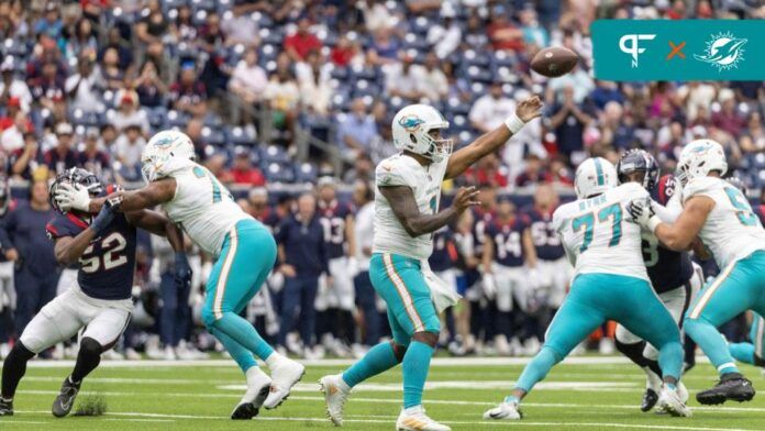 Miami Dolphins quarterback Tua Tagovailoa (1) passes against the Houston Texans in the first quarter at NRG Stadium.