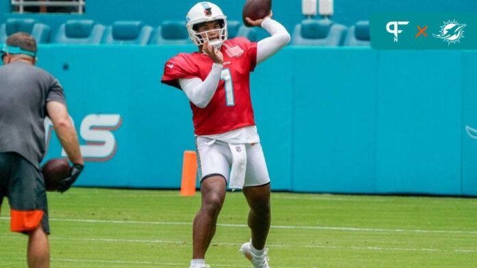 Miami Dolphins quarterback Tua Tagovailoa (1) participates during the scrimmage at Hard Rock Stadium, Saturday, August 5, 2023 in Miami Gardens.