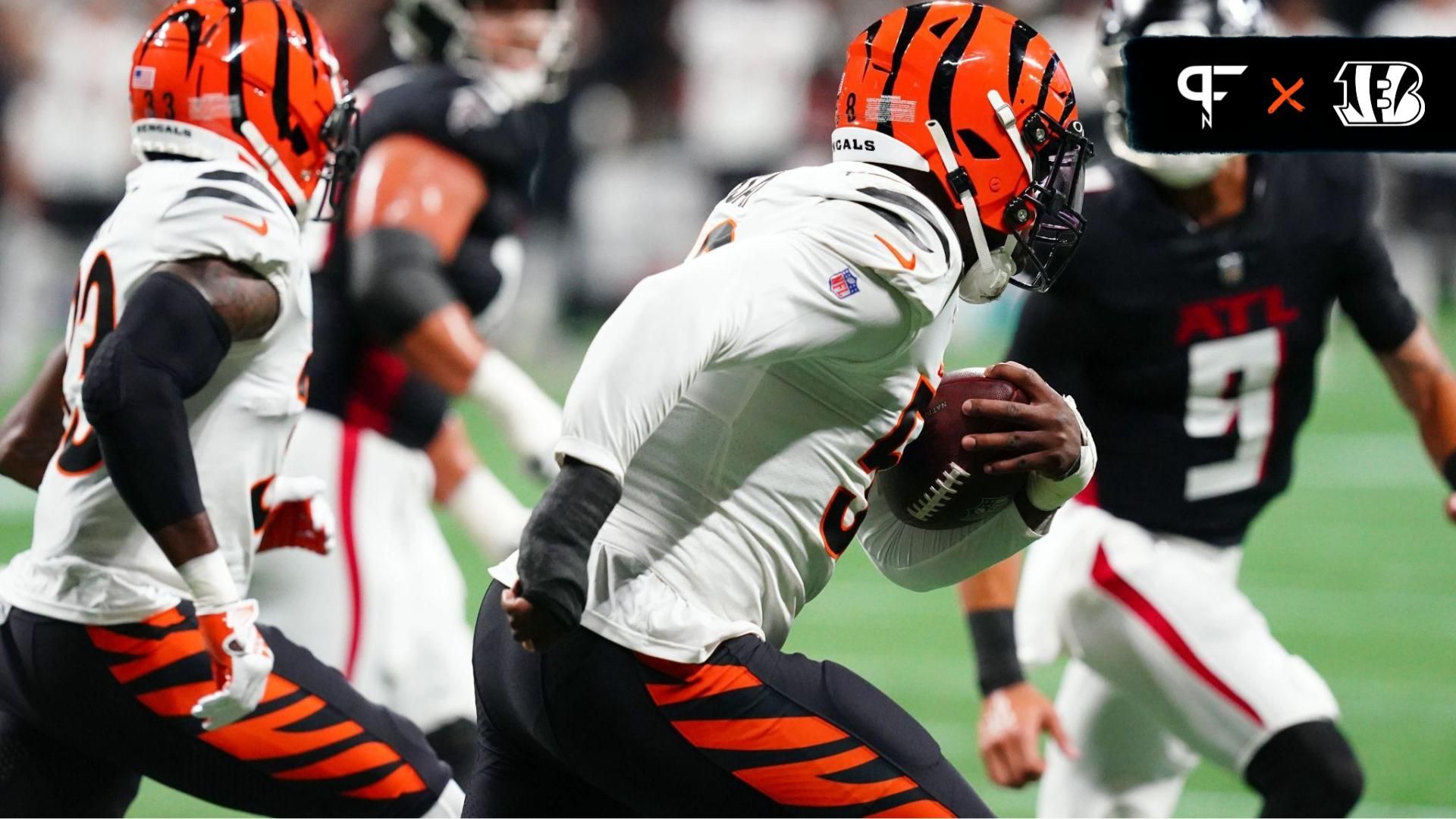 Cincinnati Bengals defensive end Joseph Ossai (58) returns an interception off Atlanta Falcons quarterback Desmond Ridder (9) during the first quarter at Mercedes-Benz Stadium.