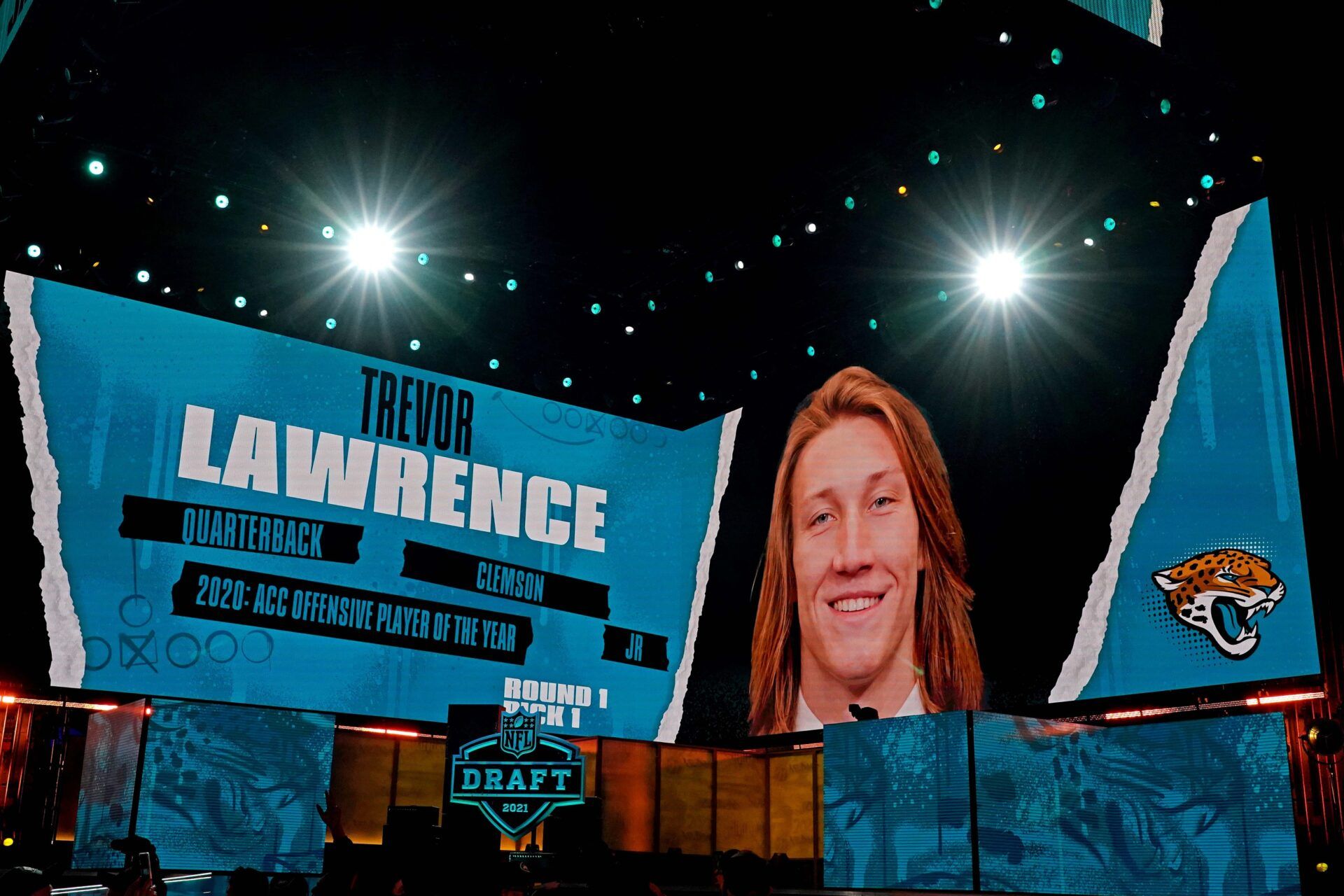 Roger Goodell announces Trevor Lawrence (Clemson) being selected by the Jacksonville Jaguars as the number one overall pick in the first round of the 2021 NFL Draft at First Energy Stadium.