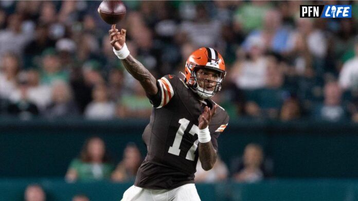 Dorian Thompson-Robinson throwing the ball during Week 2 preseason game against the Eagles.