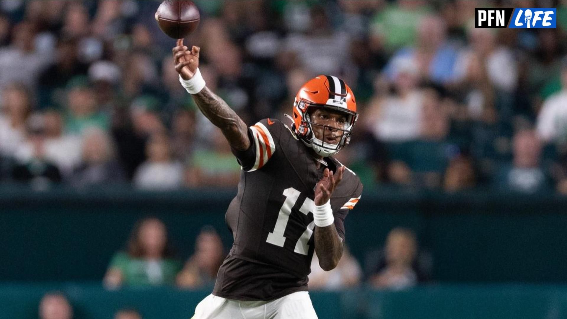 Dorian Thompson-Robinson throwing the ball during Week 2 preseason game against the Eagles