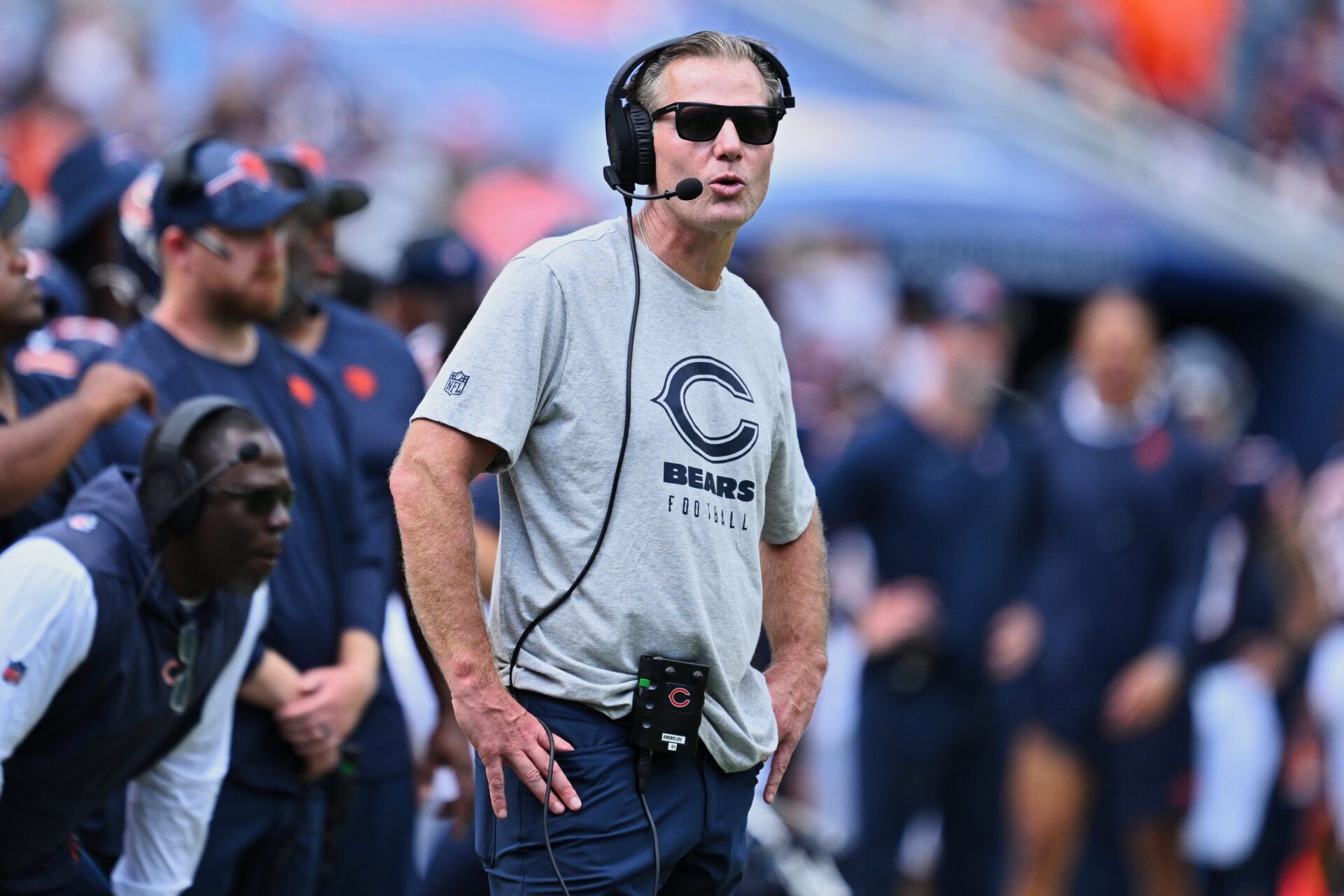 Matt Eberflus in the second half against the Tennessee Titans at Soldier Field.