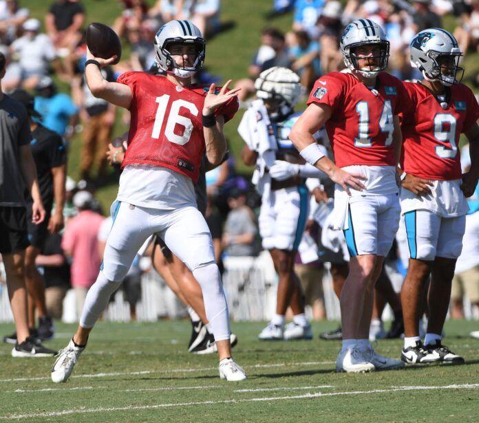 Carolina Panthers QB Jake Luton (16) at practice.